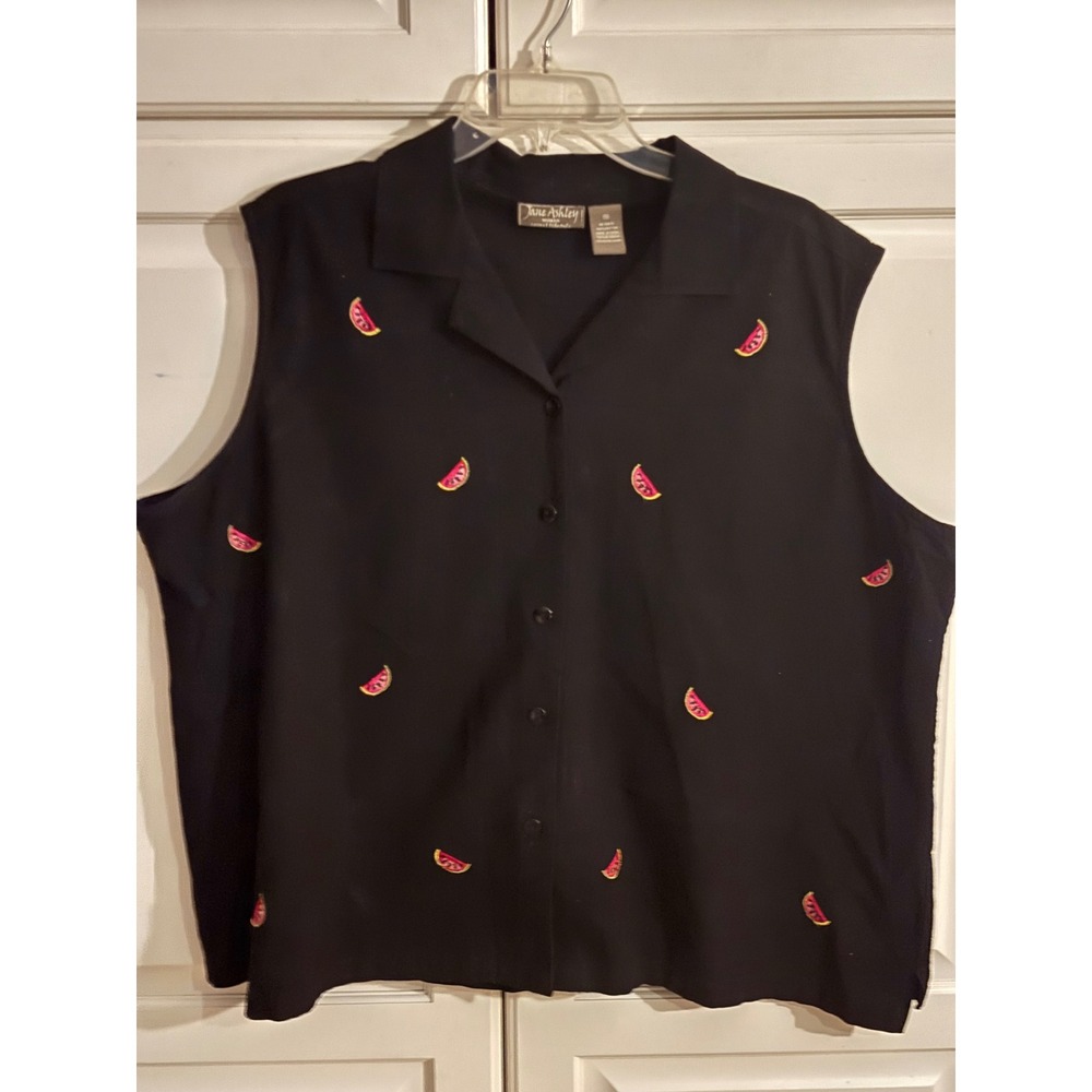 Jane Ashley Women Black Cotton Sleeveless Button Down Watermelon Embroidered Top